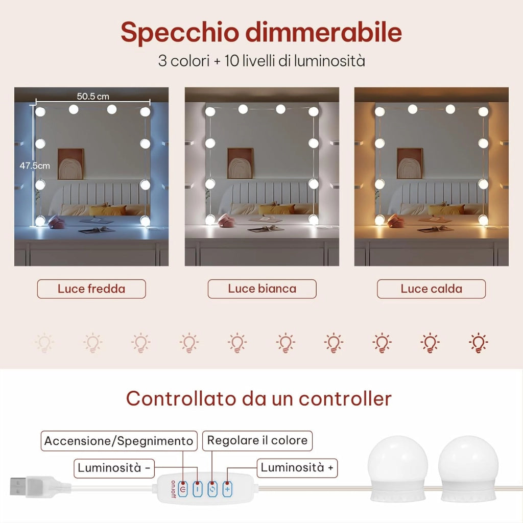 Toeletta Trucco con Specchio LED, Tavolo da Trucco con Sgabello e 4 Cassetti, Luci Regolabili a 3 Colori, Design Moderno Bianco per Camera da Letto