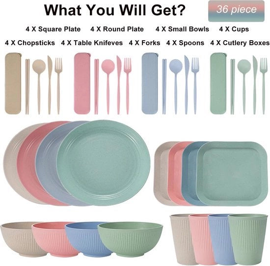 Set di servizio per campeggio a 36 pezzi, set di tavola da picnic in plastica resistente, set di stoviglie per 4 persone BPA-free, scelta esterna per campeggio, picnic, lavastoviglie.