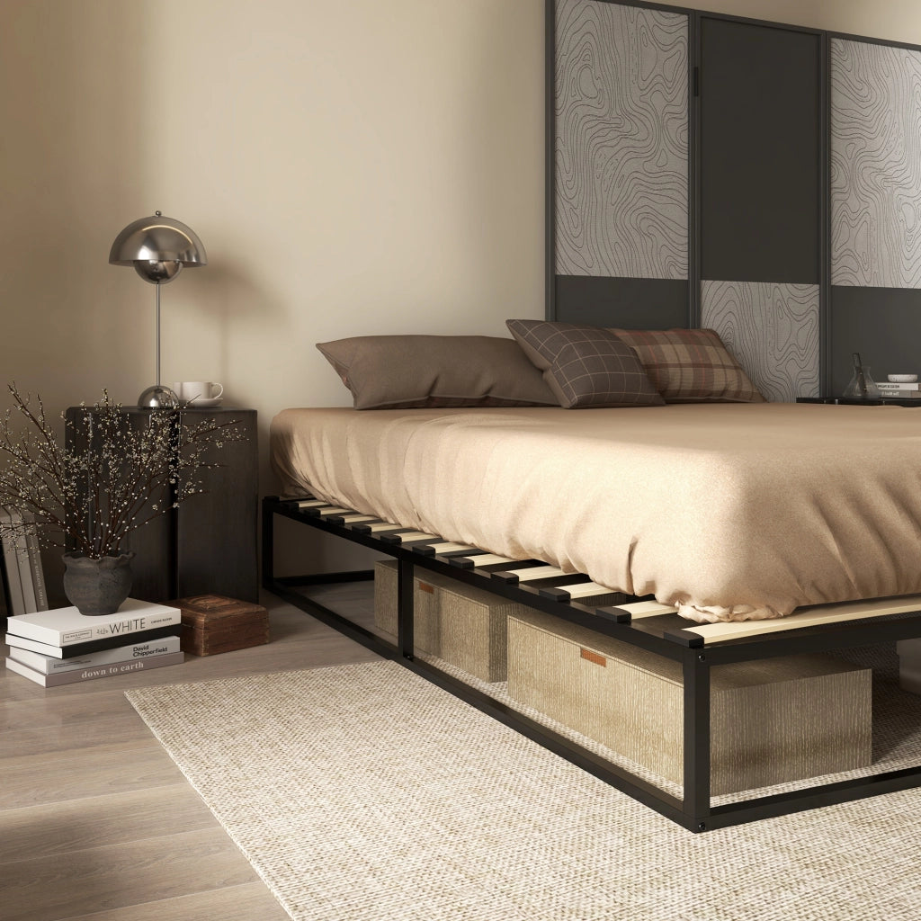 Letto Matrimoniale in Acciaio con Rete a Doghe in Legno ¨C Zephmum ¨C Nero 180x200x25 cm
