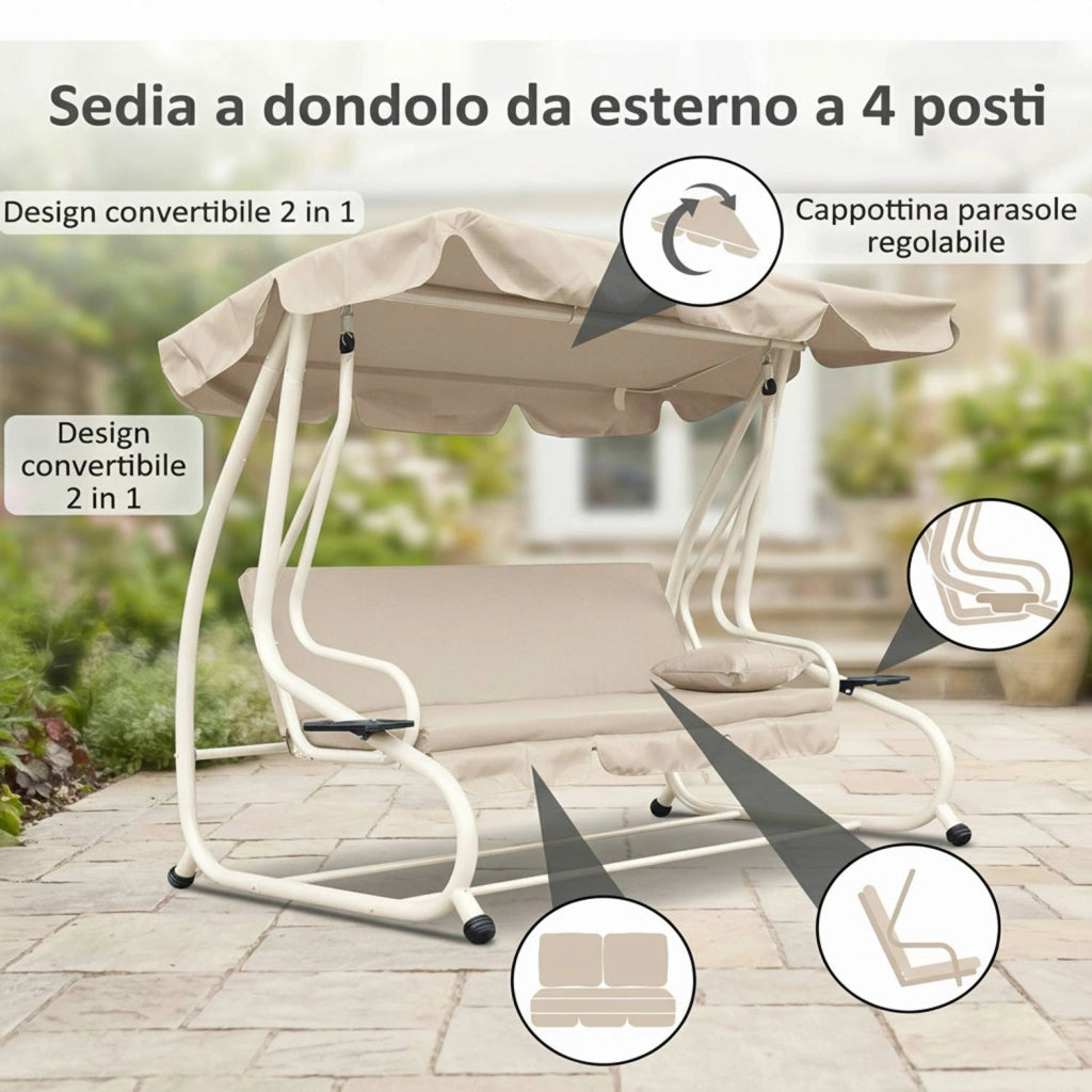 Marvin Harmony Dondolo Letto da Giardino 4 Posti con Tetto Parasole Struttura in Acciaio e Cuscino Imbottito 10 cm Altal