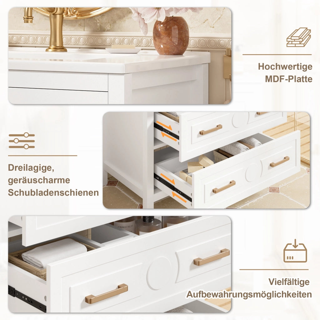 Mobile sottolavabo con 3 cassetti e lavabo in ceramica, finitura laccata, per bagno, bianco, 76,5 × 47 × 82 cm