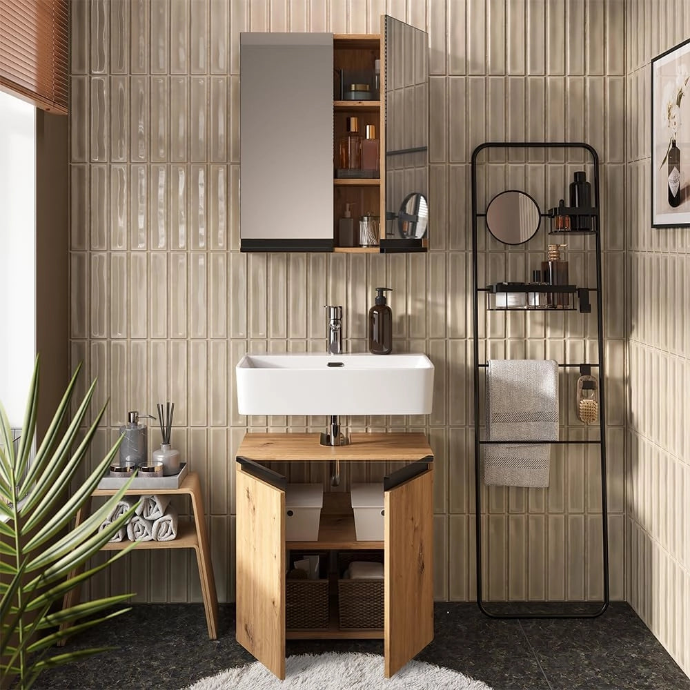 Set di mobili da bagno Torren, Artigiano, 60 cm, composto da specchio da bagno e mobile sottolavabo