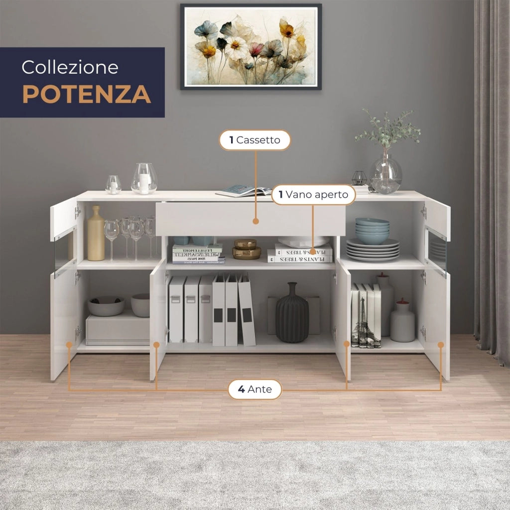 WHOUS Credenza Potenza con 4 ante e 1 cassetto bianco lucido 173x40x81,5 cm