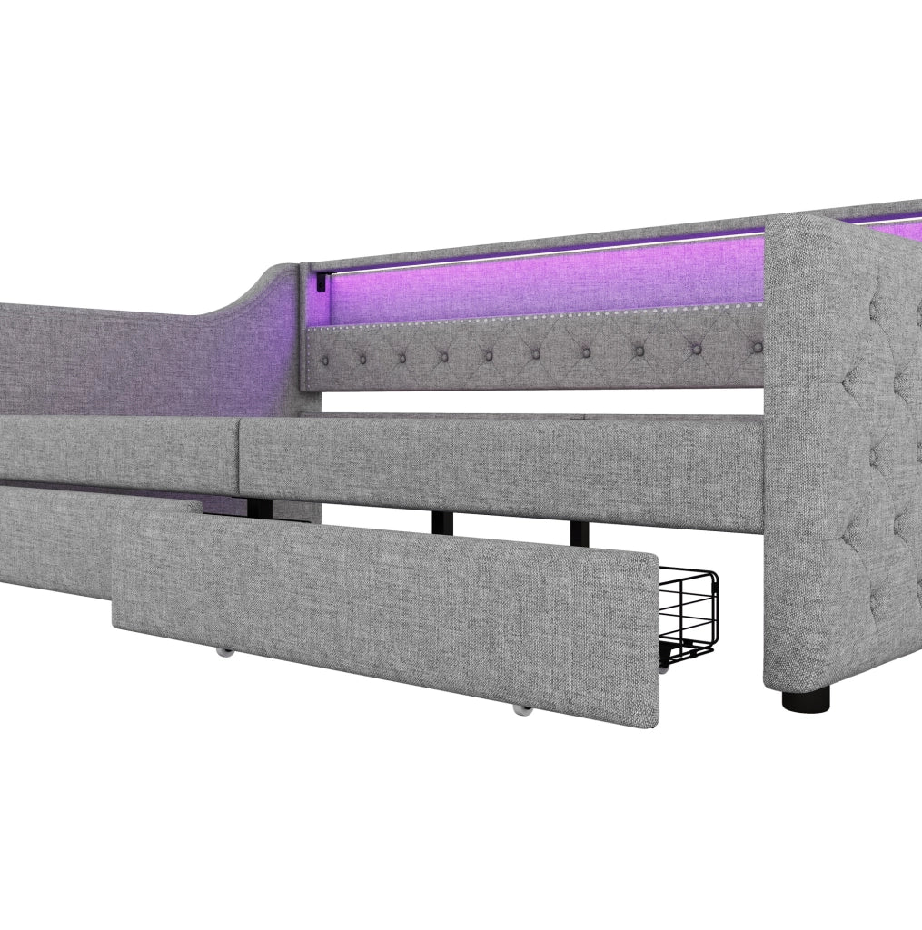 Letto daybed 90 x 200 cm con luce LED, due cassetti e porta USB