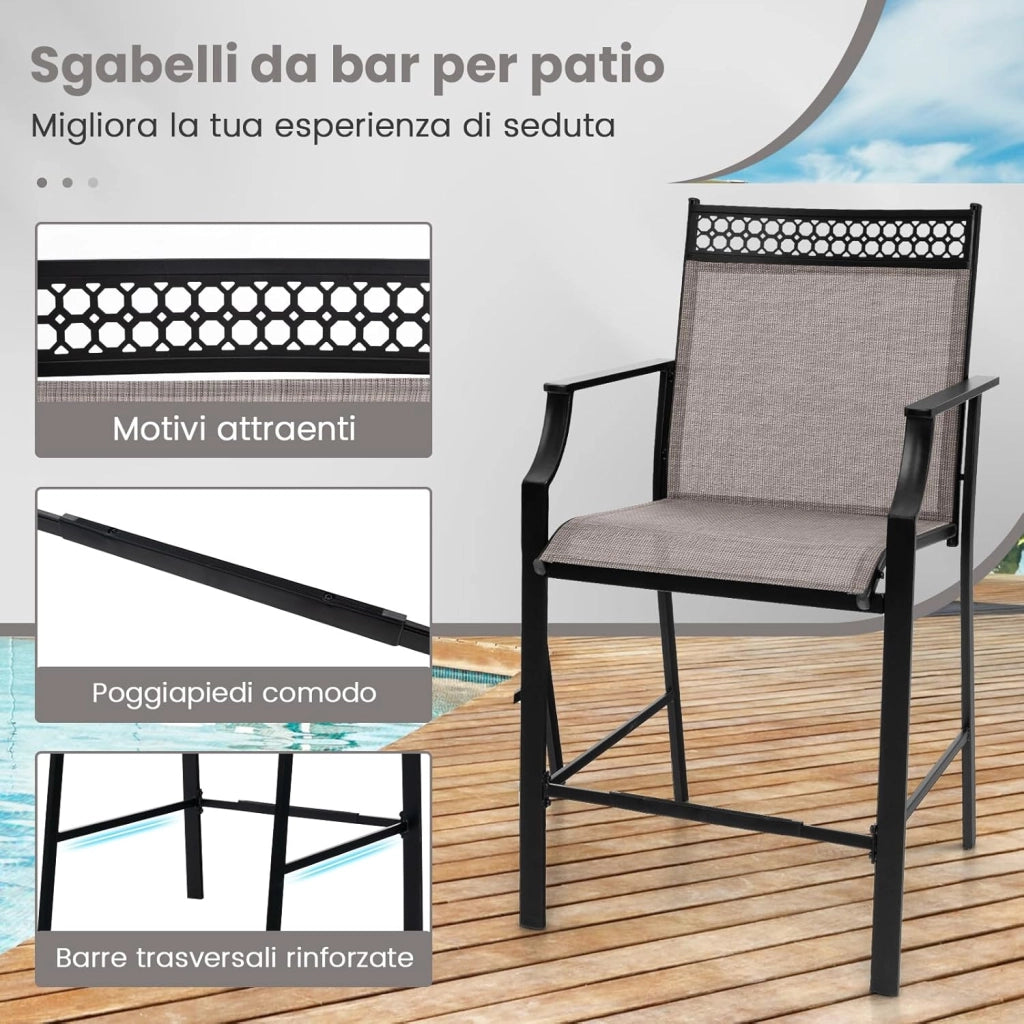 Set di 2 Sedie da Giardino, Poltrona da Bar per Patio, Sedie da Pranzo Altezza con Poggiapiedi e Braccioli, con Gambe in Metallo, Portata 180 kg, 66 x 62 x 114 cm (Caffè)