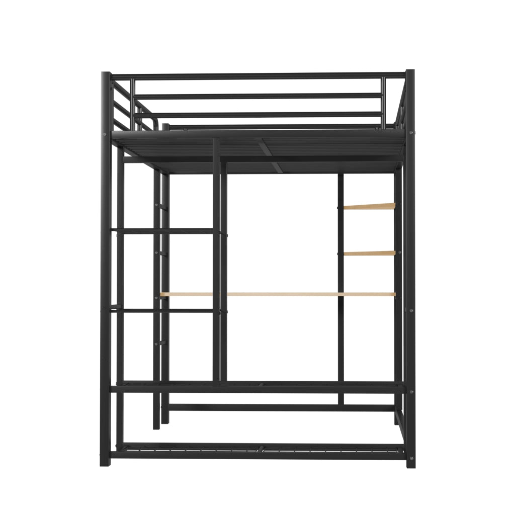 Letto a soppalco 140 × 200 cm con scrivania; appendiabiti e ripiani in metallo e MDF nero