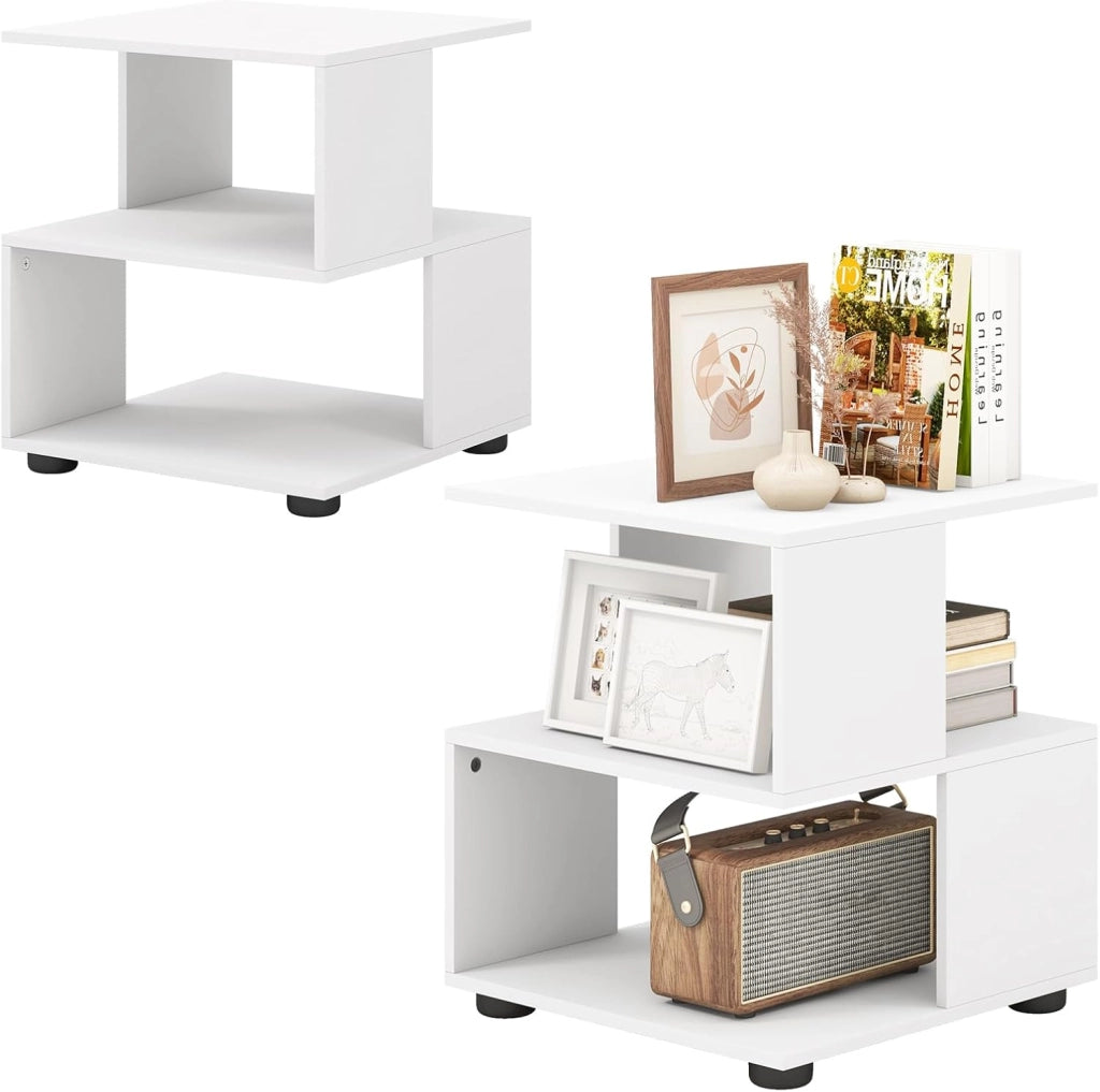 Set di 2 tavolini bianchi comodino comodino in legno, piccola libreria a 3 livelli, tavolino da caffè con piedini antiscivolo, tavolo d'accento moderno per camera da letto, 39,5 x 39,5 x 45 cm