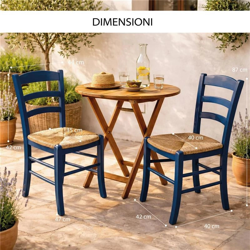 SET 4 SEDIE PAESANA IN LEGNO CON SEDUTA IN PAGLIA E SCHIENALE ALTO 42X40X87H CM COLORE BLU