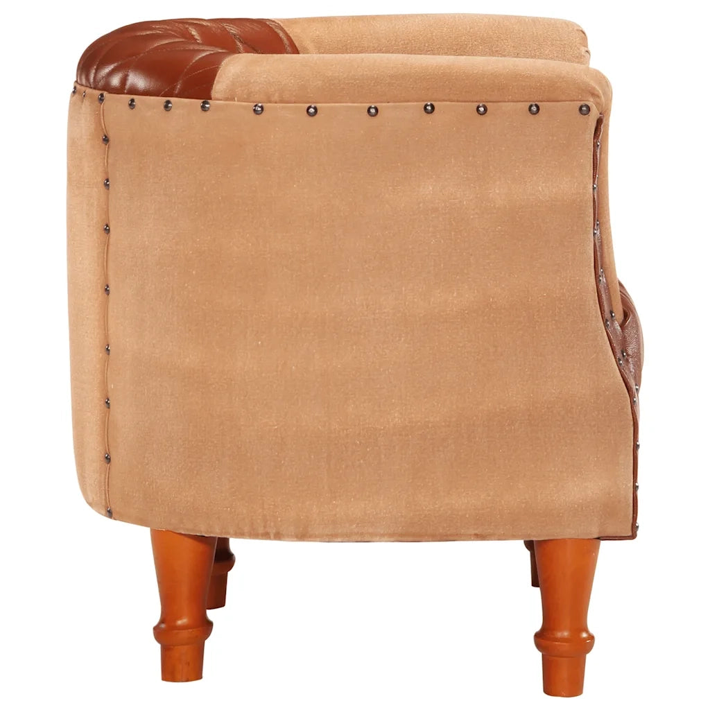 Poltrona a Pozzetto Marrone Vera Pelle e Legno Massello Mango 320603