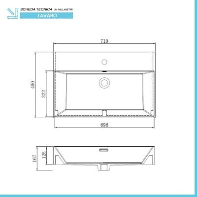 Lavabo sospeso rettangolare in resina 70 cm bianco lucido  Loto
