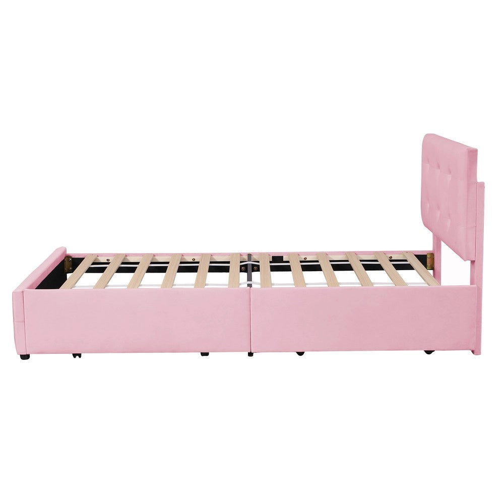 Letto imbottito singolo ¨C Minimal ¨C Rosa velluto 90x200cm con rete a doghe e due cassetti