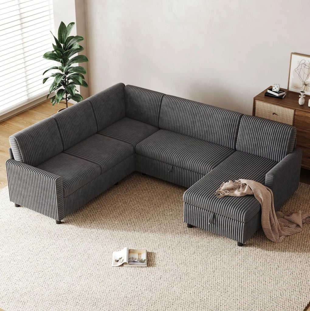 Divano letto angolare a U in velluto a coste grigio con contenitore