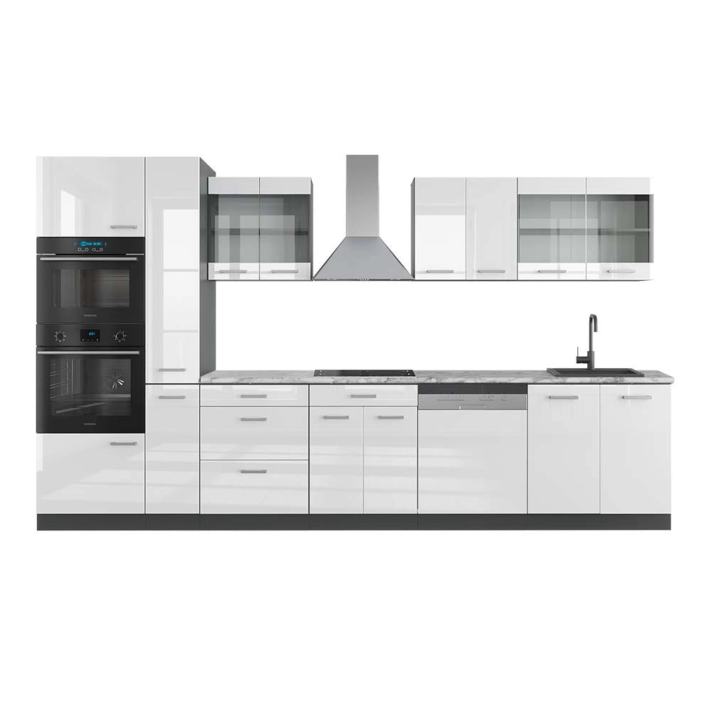 Vicco Cucina Bianco lucido/antracite 350 cm con armadio alto, PL Marmo