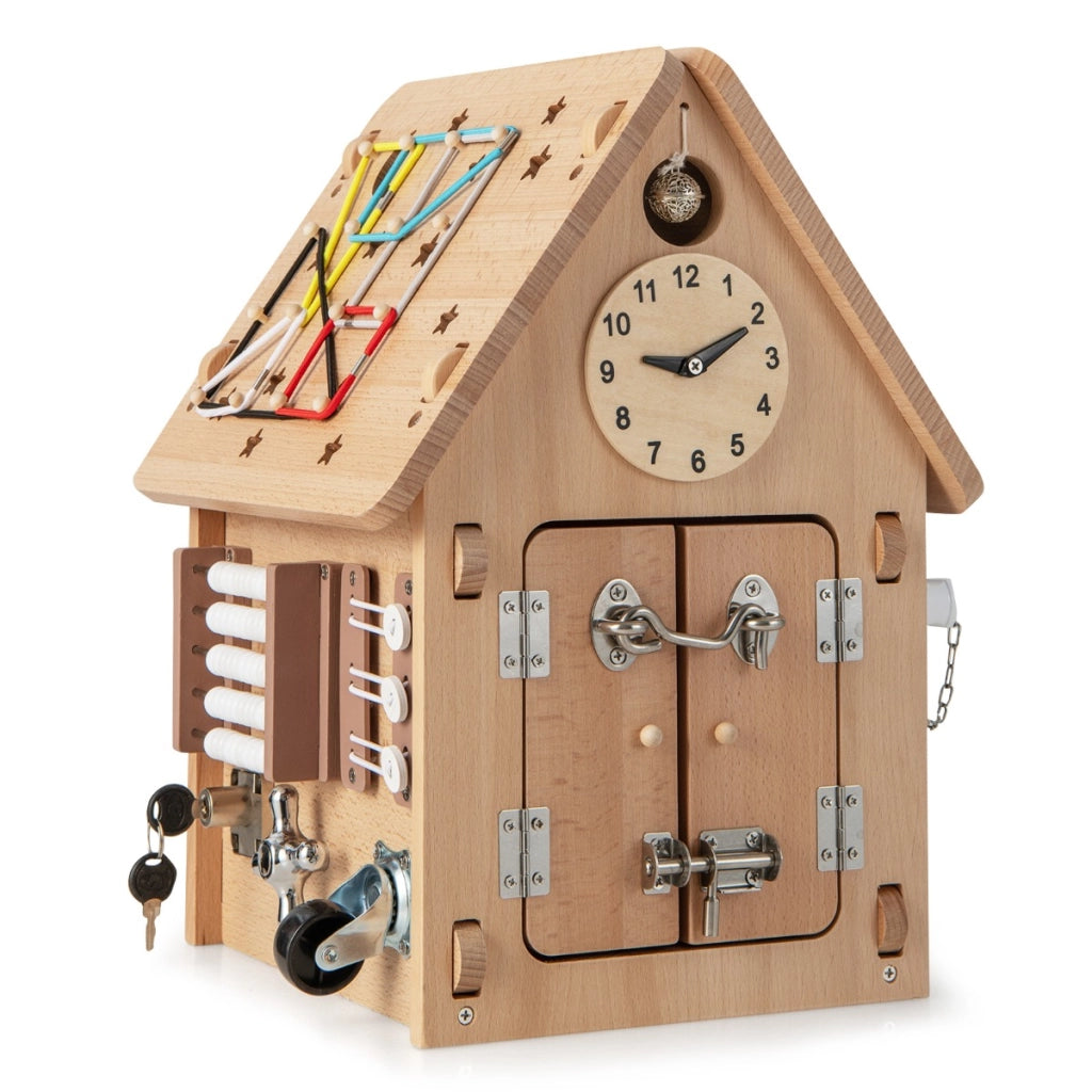 Casetta sensoriale per bambini in legno-Casetta giocattolo piccola con giochi sensoriali e vano interno