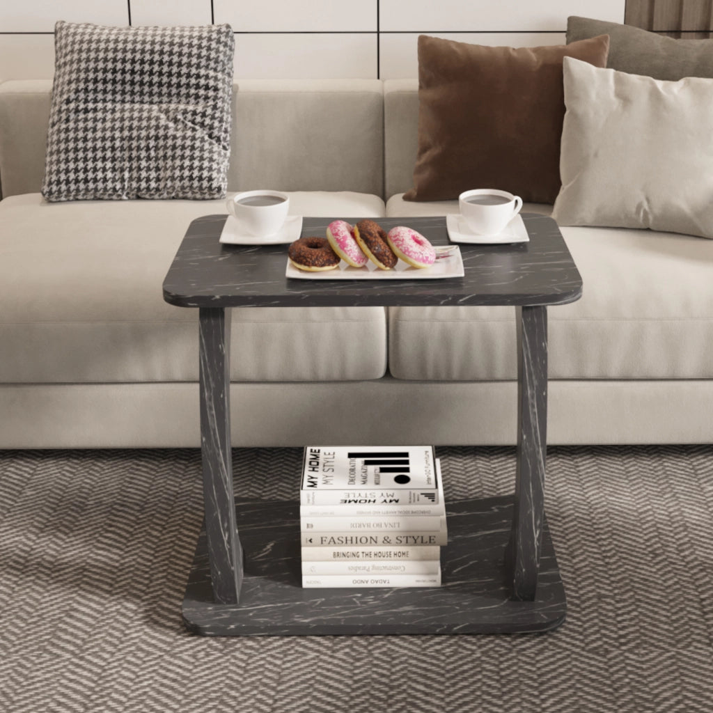 Tavolino Laterale Stattela a Forma di C con Rotelle 59 x 35 x 56 cm - Effetto Marmo Nero [en.casa]