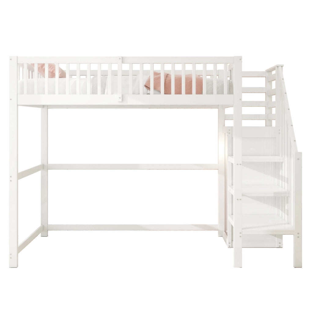 Hochbett singolo 90x200 cm in legno bianco con scala sicura e armadio integrato