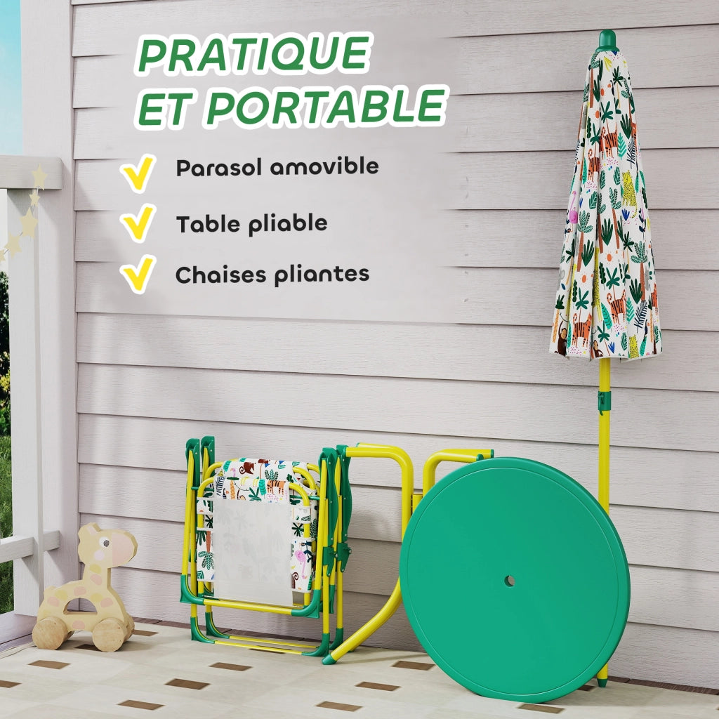 Set Salotto Giardino per Bambini con 2 Sedie Pieghevoli e Parasole, Tema Jungle ¨C zephmum ¨C Verde