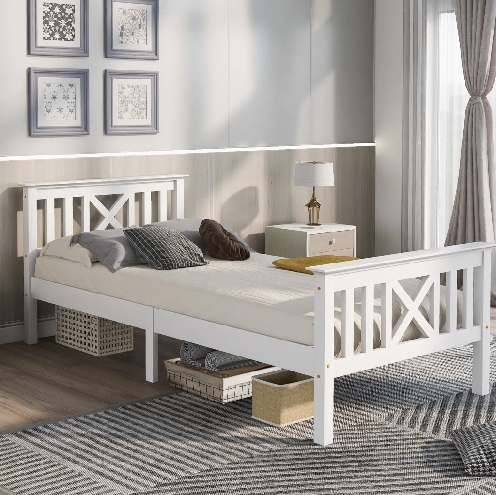 Letto singolo 90x200 cm con testiera a X e spazio contenitore; legno; bianco (Senza materasso)