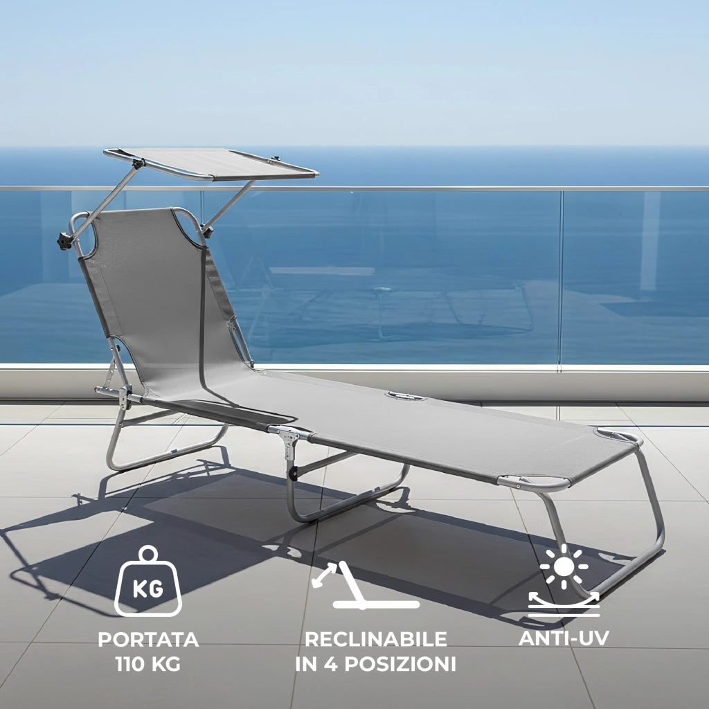 Coppia Lettini Prendisole Pieghevoli con Parasole Regolabile, Schienale Reclinabile in 4 Posizioni, Struttura in Acciaio Anti-Ruggine, Tessuto Impermeabile Anti-UV, Portata 110 kg Grigio