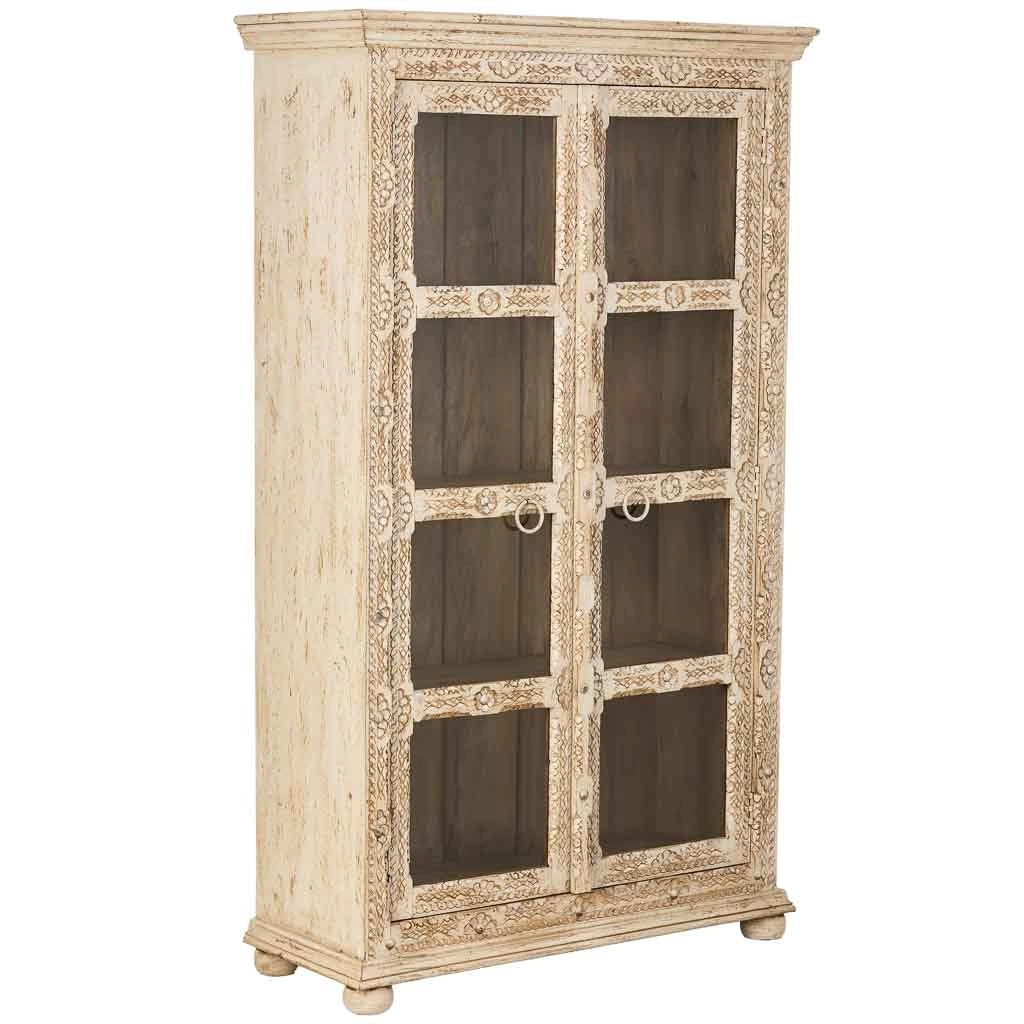 Vetrina in legno intagliato beige fatta a mano, 106x43x180h cm