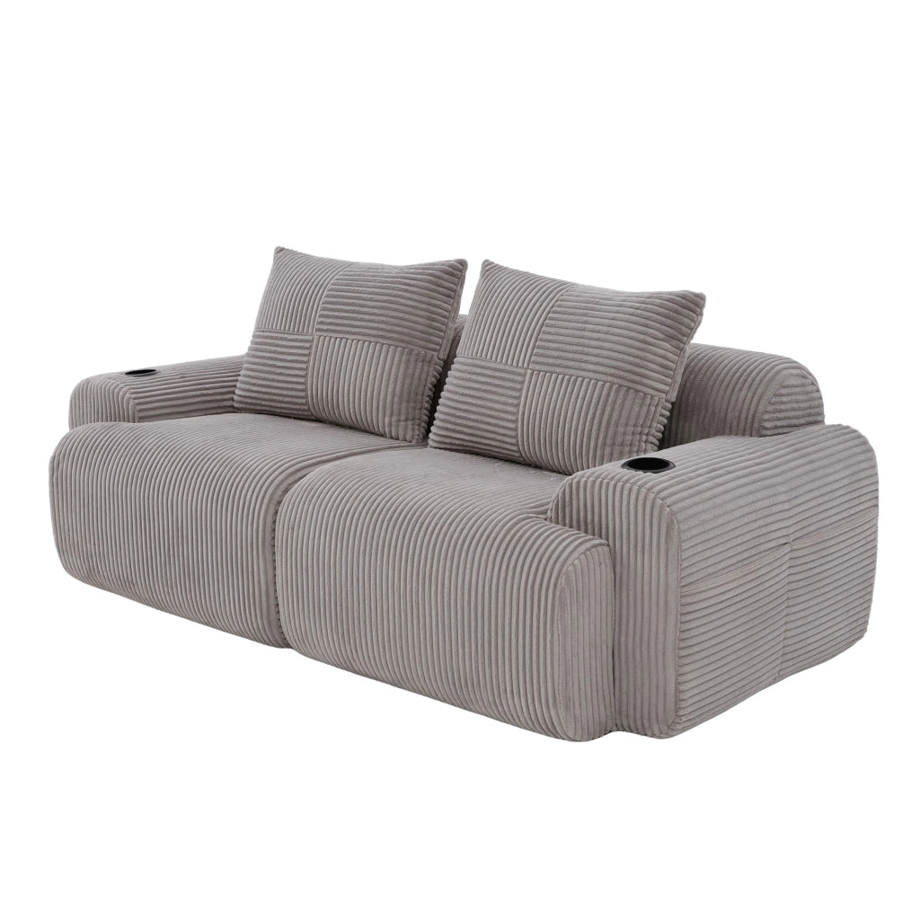 Divano 2 posti modulare in corduroy grigio chiaro 200x99x80 cm con portabicchieri e tasca laterale