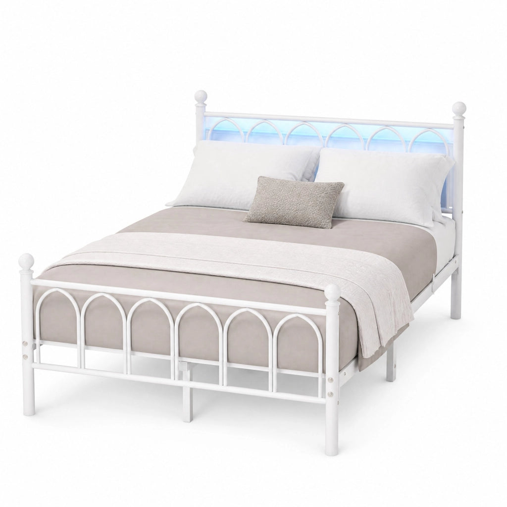 Struttura letto in metallo 120x200 cm con testiera alta, USB, LED e spazio contenitore, bianco