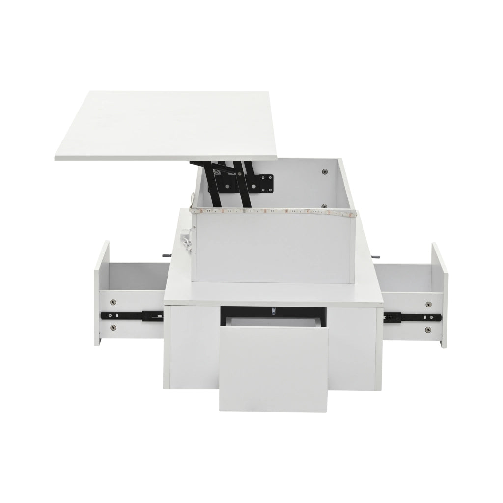 Tavolino da salotto 100x50x40 cm; piano rialzabile con LED e 4 cassetti; MDF bianco