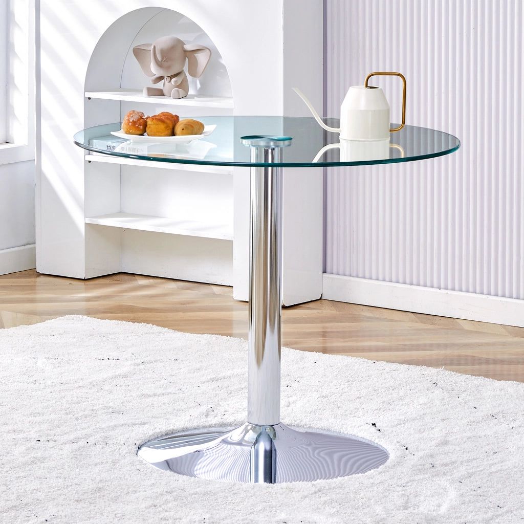 Tavolo da Pranzo Rotondo per 4 Persone; Stile Minimalista; in Vetro e Metallo; Argento Trasparente; 85 x 76 cm