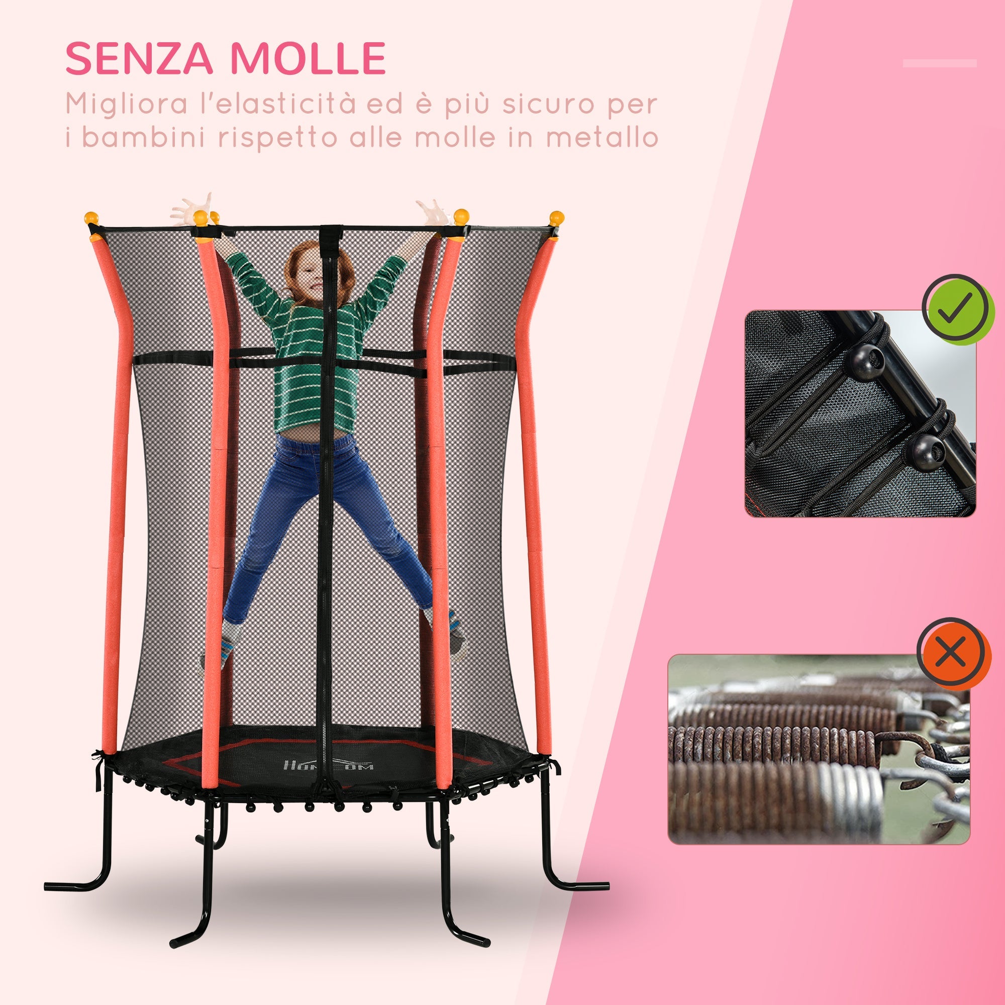 Tappeto Elastico per Bambini Ø163.5x190 cm con Ingresso a Cerniera e Pali Imbottiti Rosso