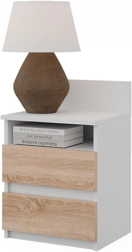 Comodino Monty, Bianco/Sonoma, 32.3 x 59.1 cm con 2 cassetti
