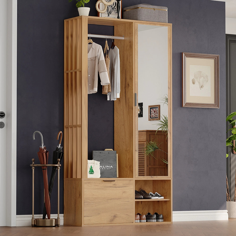 Armadio ingresso 6 in 1 100x33x190 cm - Xylo - appendiabiti, specchio, stendibiancheria, colore legno
