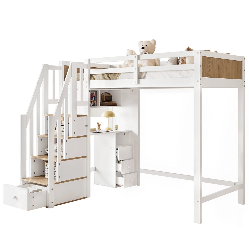 Letto a Castello 90x200 cm con Scrivania; 3 Cassetti; Scala Contenitore e Libreria