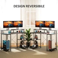 Scrivania per PC Reversibile con Prese Elettriche, Luci, Supporto Monitor e Scaffale, 120x50cm, Nero