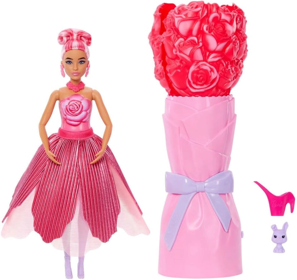 Barbie Petal Pop, bambola profumata con abito rosa e accessori, sorpresa bouquet con coniglietto e accessori come annaff