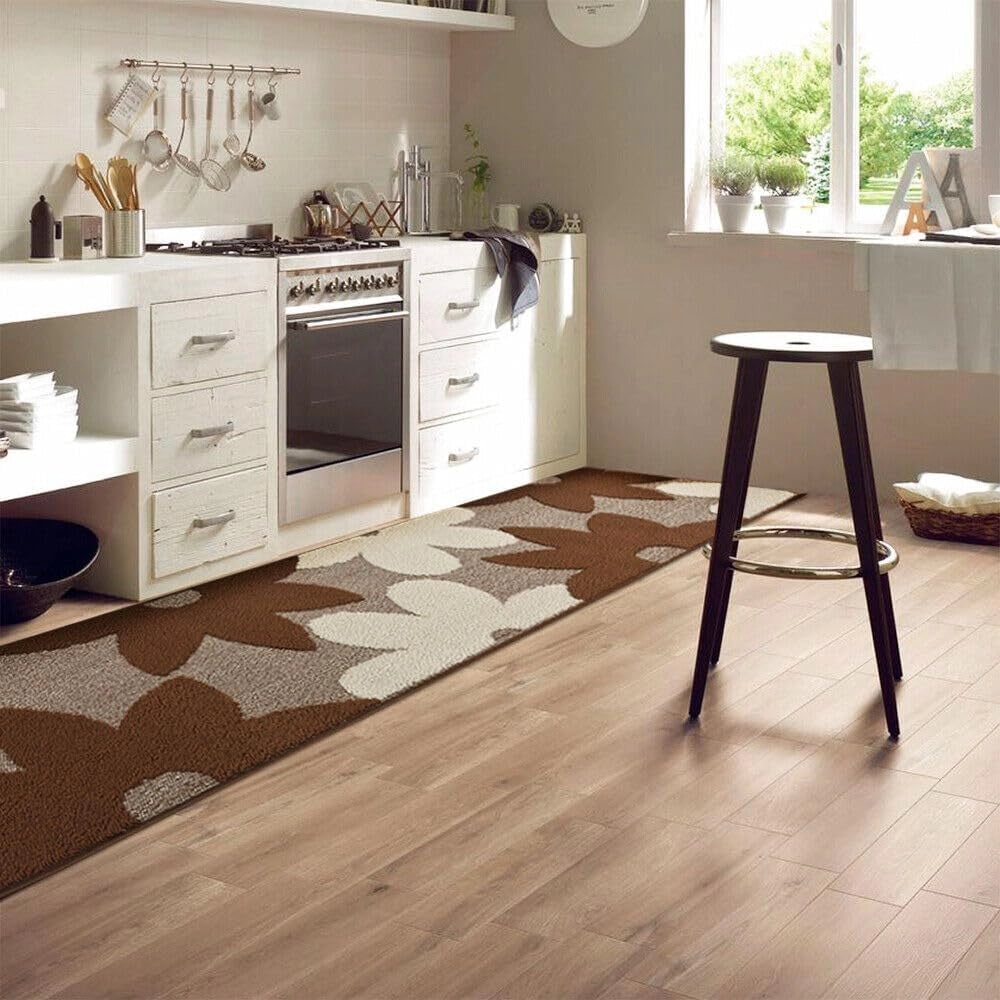 Tappeto Cucina 3D Fiore 50x135 cm Tridimensionale Morbido Moderno Passatoia Antiscivolo Marrone