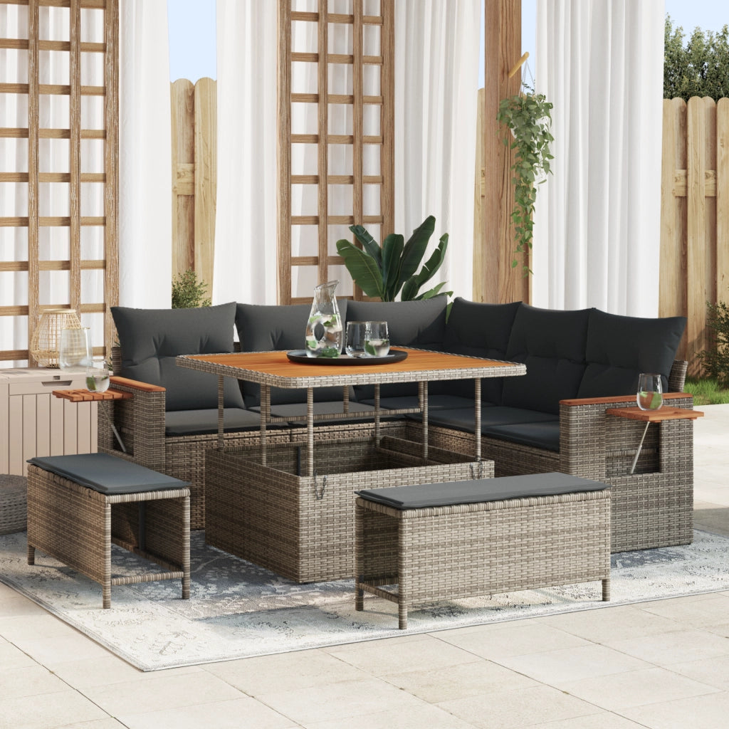 Set Divano da Giardino 8 Pezzi con Cuscini Grigio Polyrattan Acacia