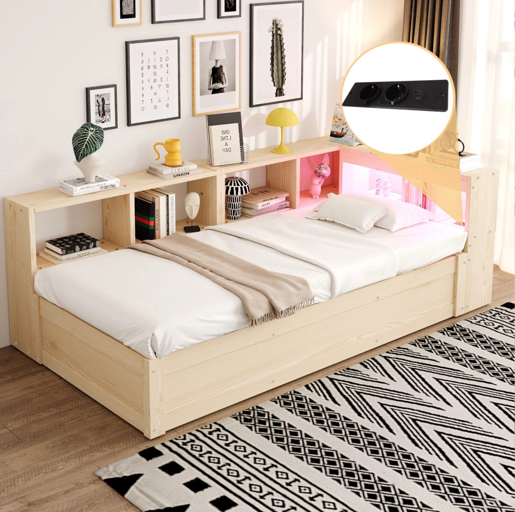 Letto multifunzione 90x200 cm in legno; compensato e MDF con LED; presa e contenitore; naturale