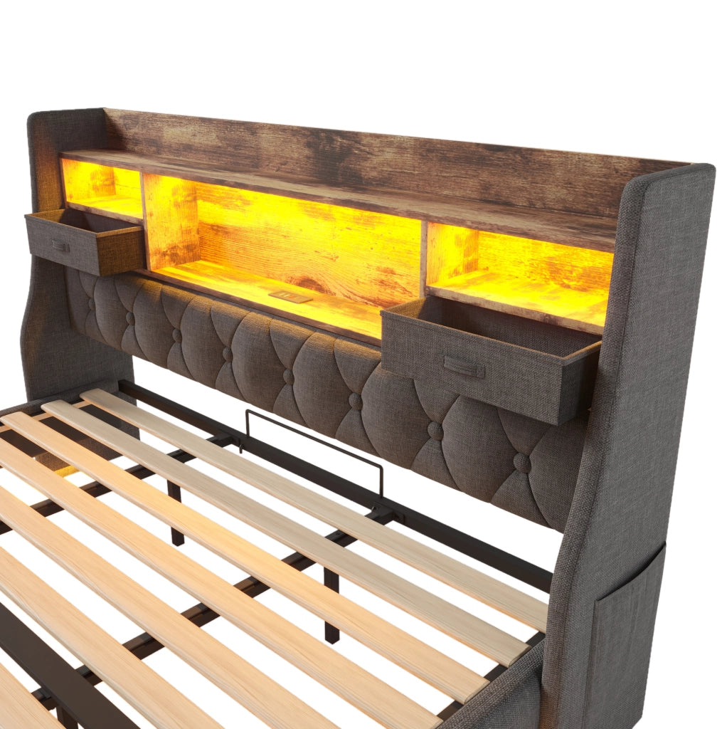 Letto matrimoniale 180x200 cm con LED; testiera contenitore; USB e Type-C; lino grigio