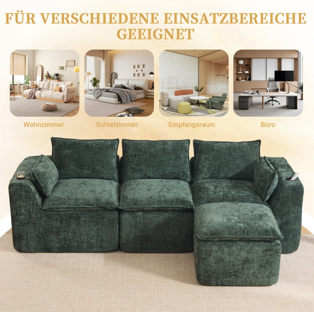 Divano modulare 3 posti con pouf; tasche laterali e cuscini; in chenille verde; 256x161x75 cm