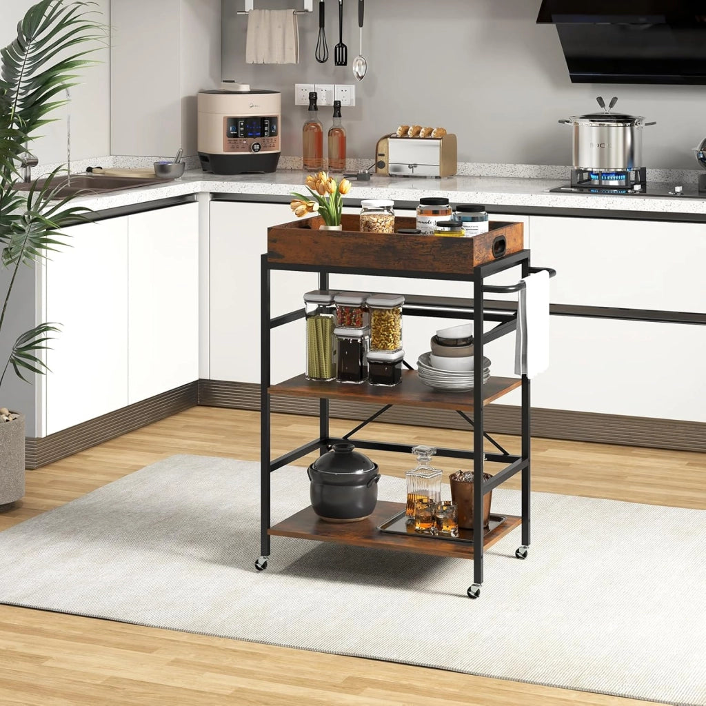Carrello da cucina con vassoio estraibile e 4 ruote, carrello di servizio a 3 livelli con telaio in metallo, 73 x 40 x 94 cm, stile industriale, carrello ausiliario per cucina, sala da pranzo