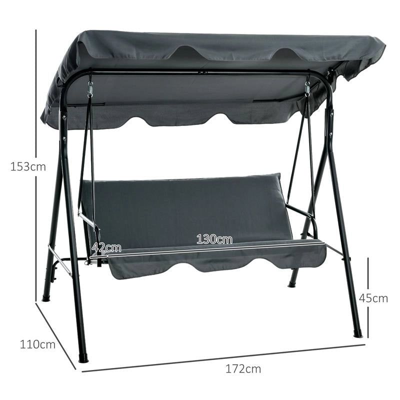 DONDOLO 3 POSTI CON TETTUCCIO REGOLABILE E CUSCINI, IN ACCIAIO E POLIESTERE, 172X110X153 CM, GRIGIO