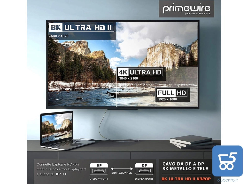 Primewire 1m Cavo DisplayPort 8k Audio Video Display Port DP to DP Alta qualitá 7680 x 4320 a 60 Hz - 3840 x 2160 a 120 Hz - 1920 x 1200 a 240 Hz - 32,4 Gbit/s