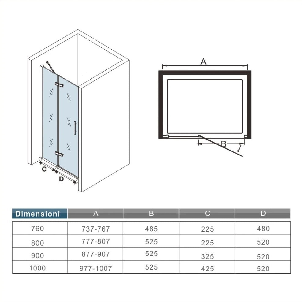 195 cm Porta Doccia per Nicchia Apertura Battente con Barra Stabilizzatrice Vetro 6 mm Temperato Trasparente Anticalcare Larga 90 cm