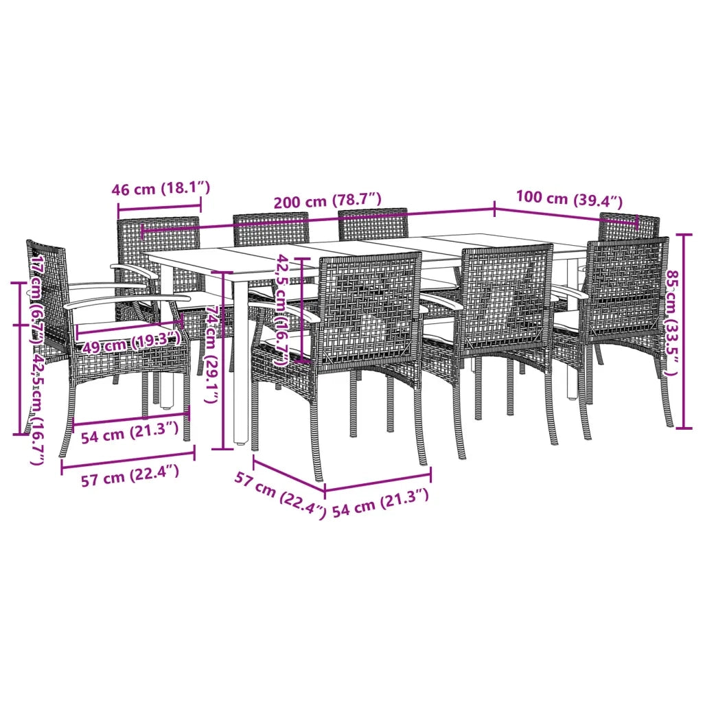 Set da Pranzo da Giardino 9 pz con Cuscini Nero in Polyrattan 3213609