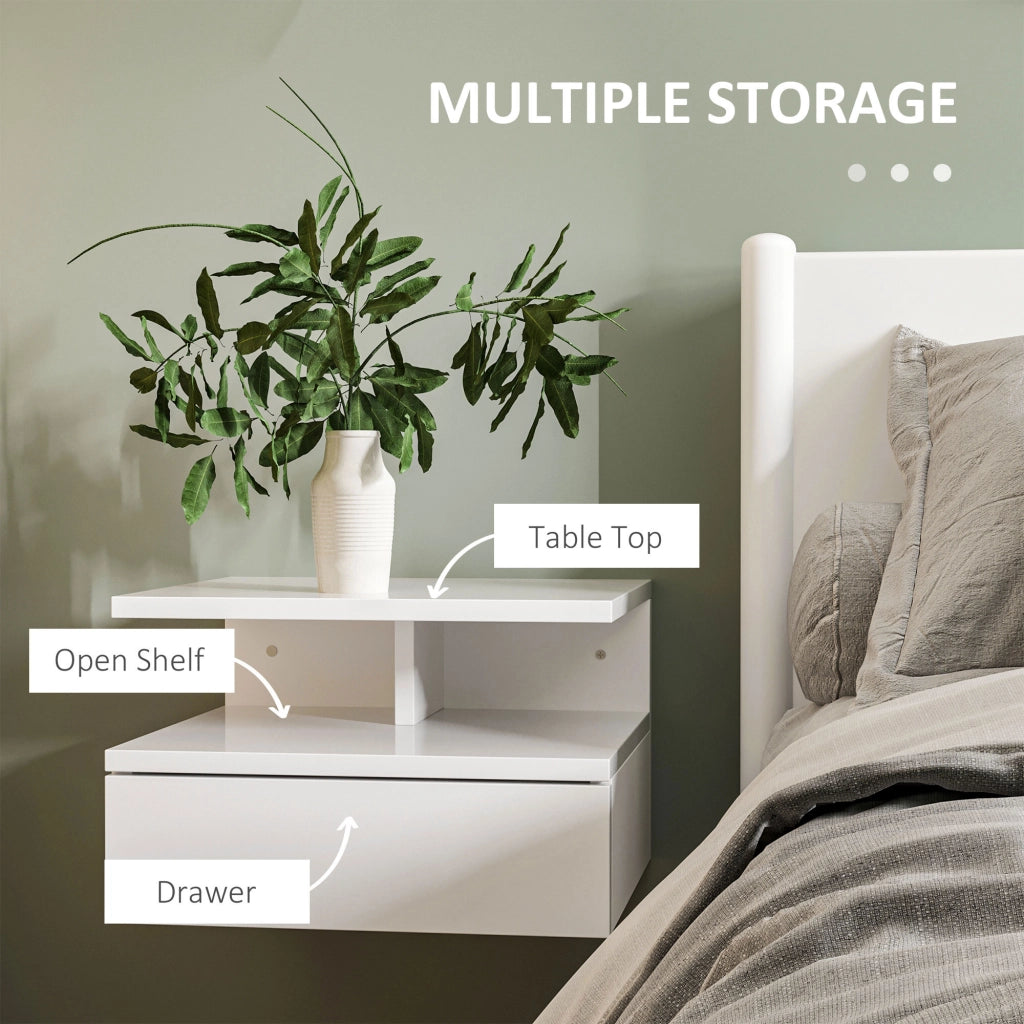 EasyComfort Set da 2 Comodini Moderni Sospesi con Cassetto e Mensola in Legno 35x32x22.5cm, Bianco Lucido