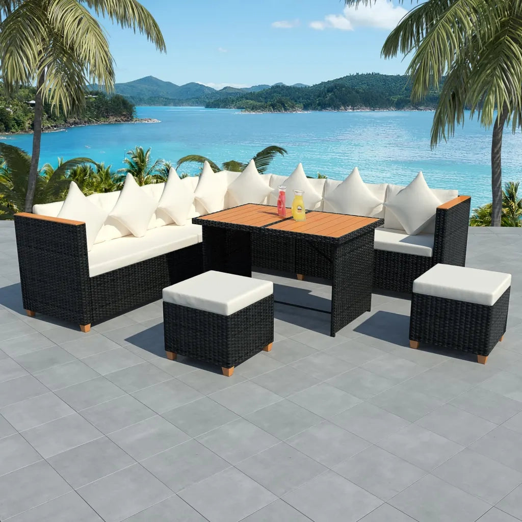 Set Divani da Giardino 7 pz con Cuscini in Polyrattan Nero cod mxl 35067
