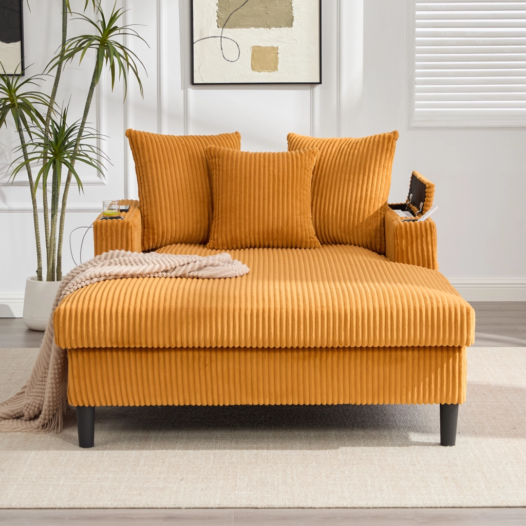 Divano Angolare Lounge con Chaise Longue ¨C MINIMAL ¨C Velluto a Coste, LED, USB, Contenitore