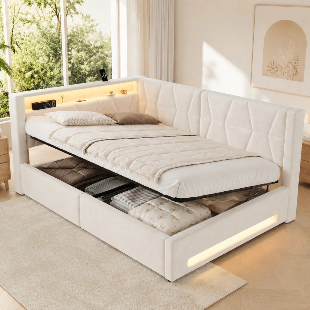 Letto Contenitore 140x200 cm con USB; Type-C e LED; in Velluto Beige