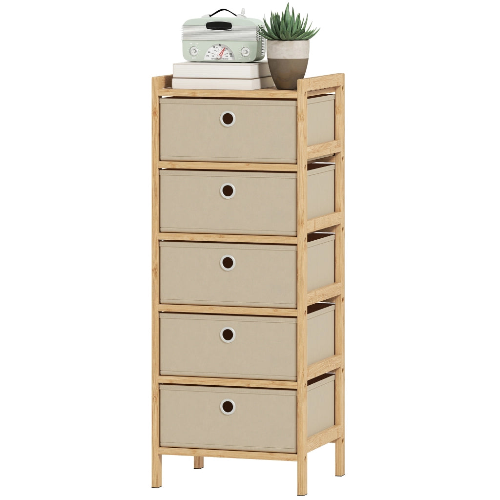 Cassettiera con 5 Cassetti in Tessuto e Bamb¨´ ¨C Minimal ¨C Crema e Naturale 60x40x