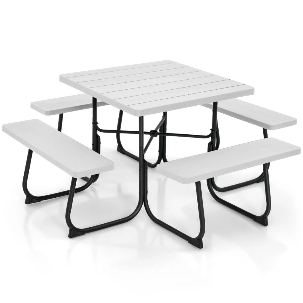 Set tavolo da picnic quadrato per 8 persone, Tavolo per esterni con foro per ombrellone capacit¨¤ di 225kg Bianco-Tavoli e sedie da campeggio
